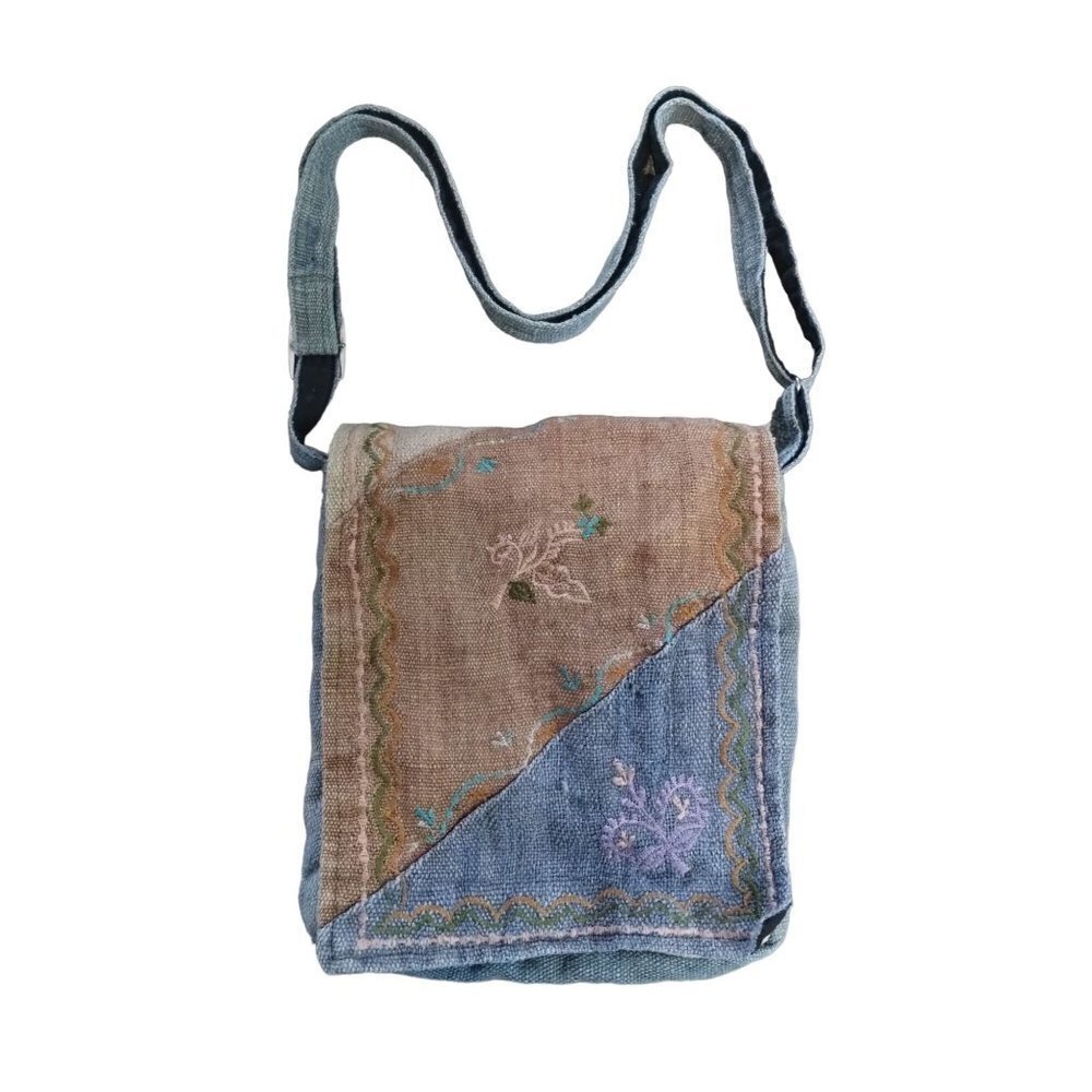 Denim Cross Body Bag Zippers Mesh Floral Embroidered